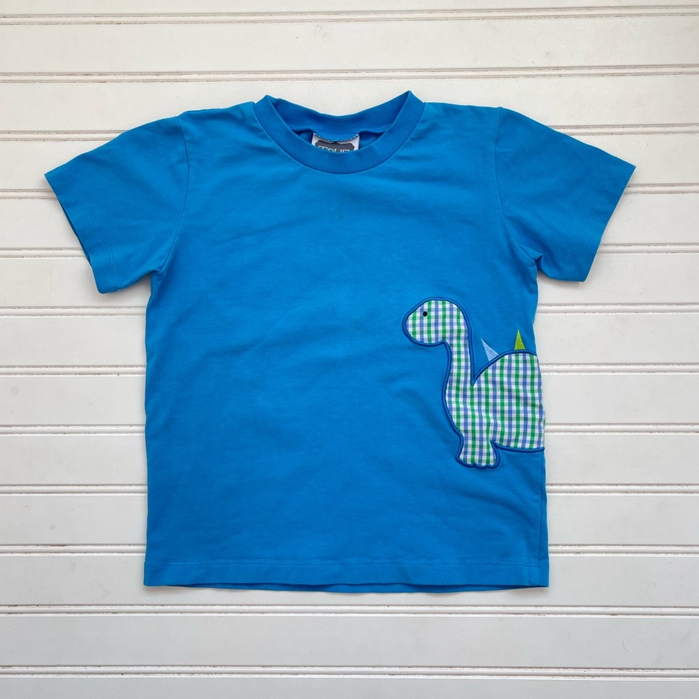 POSH TOTS TRUE VGUC Gingham Appliqué Wrap Around Dinosaur Shirt